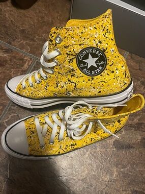 Converse Yellow Paint-Splatter High Top Sneakers size 9W/7M